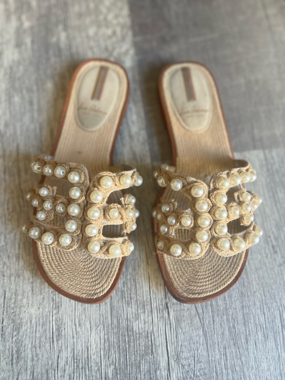 Sam Edelman Natural Pearl Embellished Woven Slide Sandals - Picture 2 of 10